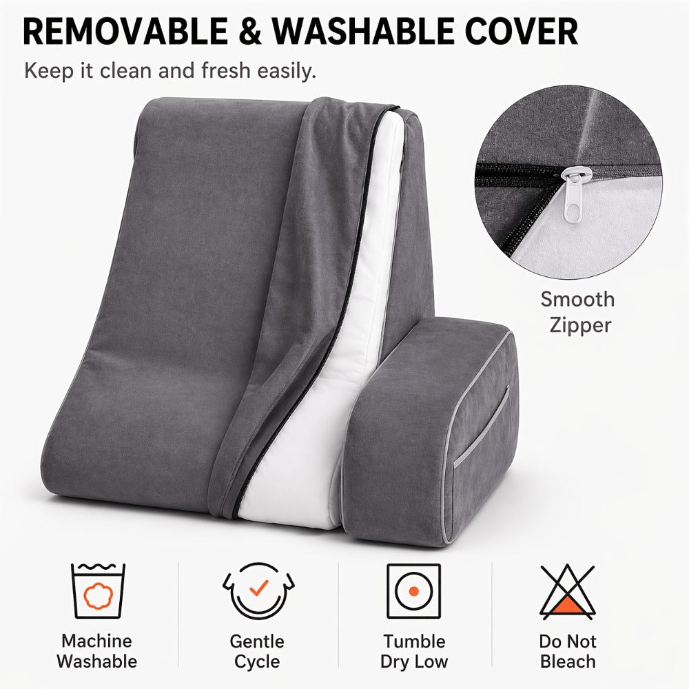Reading Pillow for Adults Bed Rest Pillow with Arms 19 Inch Back Support Cushion Removable Washable Cover for Sitting Up in Bed Gaming Watching TV Reclining on Couch or Floor Backrest Wedge Pillow Grey