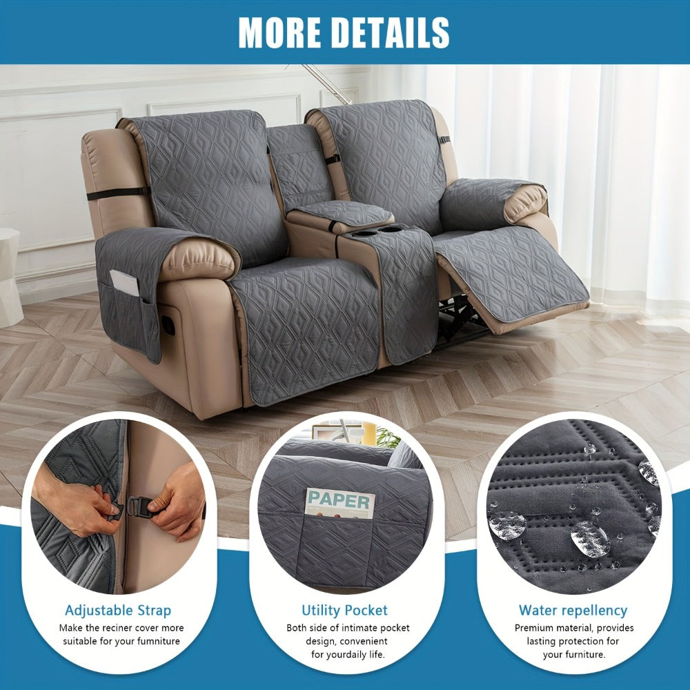Recliner Loveseat Cover 4 Piece Set Waterproof Split Dual Recliner Sofa Slipcover with Center Console Cover & Straps - Pet Friendly Furniture Protector, Knit Polyester, 8 Colors, Black Grey Beige Navy