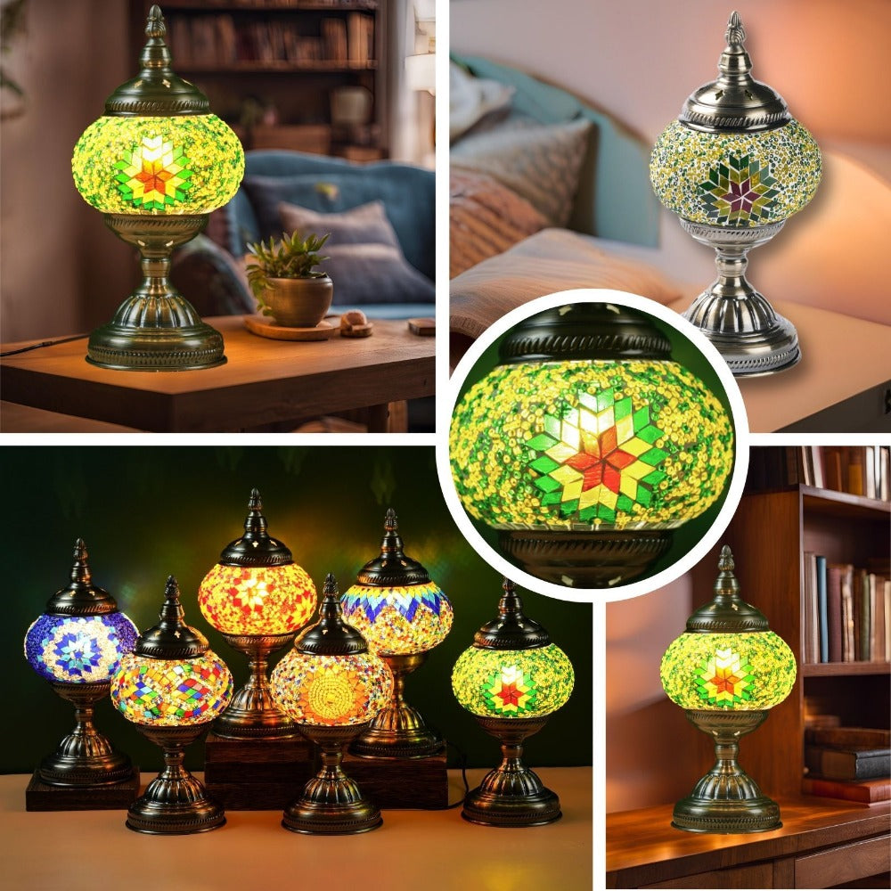 Mosaic Table Lamp Handcrafted Turkish Glass Bedside Lamp 3-Color Dimmable with Metal Base Bulb Included