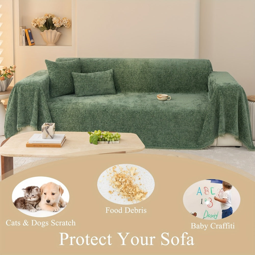 Chenille Sofa Cover with Fringe 300GSM - Super Soft Pet Friendly Solid Couch Slipcover for Single 2 4 Seater Living Room Decoration, 4 Colors