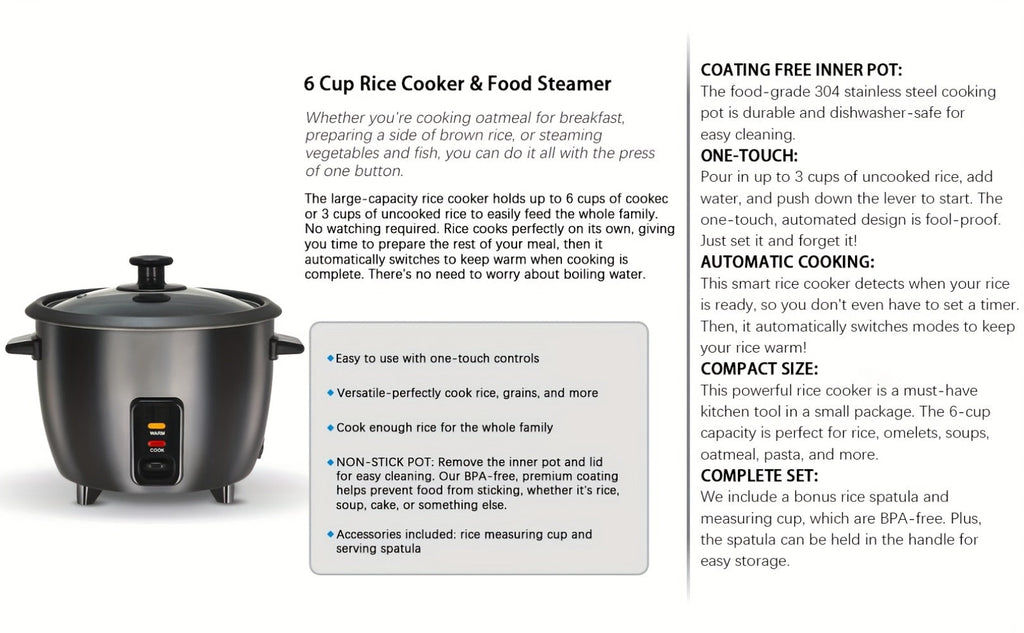 Rice Cooker 6-Cup Non-Stick with Yogurt Maker Function - 3-Cup Uncooked Grain Cooker with Removable Non-Stick Pot Auto Keep Warm One-Touch Operation, Compact Electric Rice Cooker for Home Dorm Office Black
