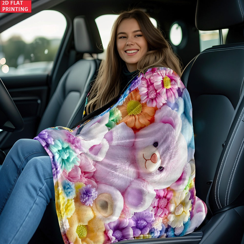 Teddy Bear Floral Blanket 2D Flat Print - Soft Lightweight Colorful Throw for Sofa Bed Travel Camping Office Living Room, Cute Animal Flower Pattern Home Decor Blanket