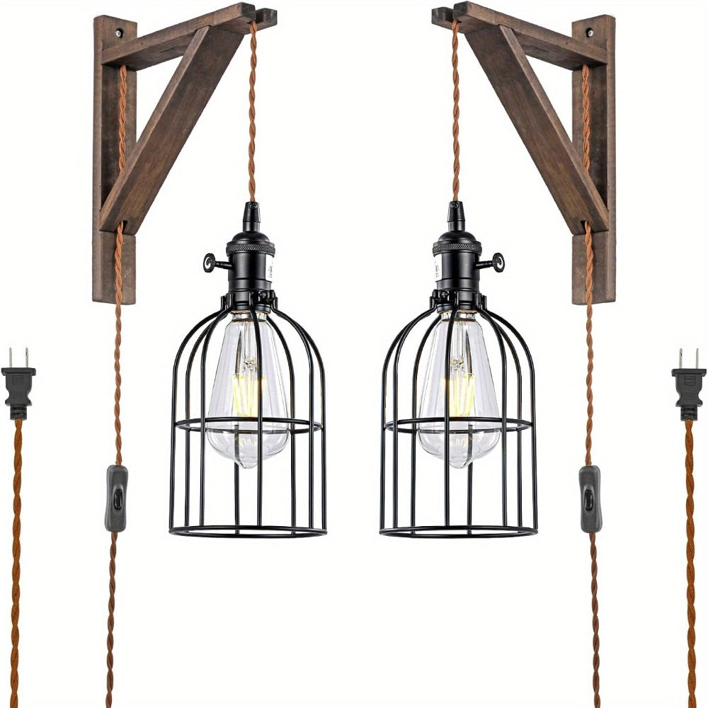 Plug In Wall Sconces Set of 2 or 1 ¨C Rustic Farmhouse Wall Lamp with Metal Cage & Wooden Bracket, Plug-Into-Outlet Hanging Light for Bedroom, Living Room & Headboard