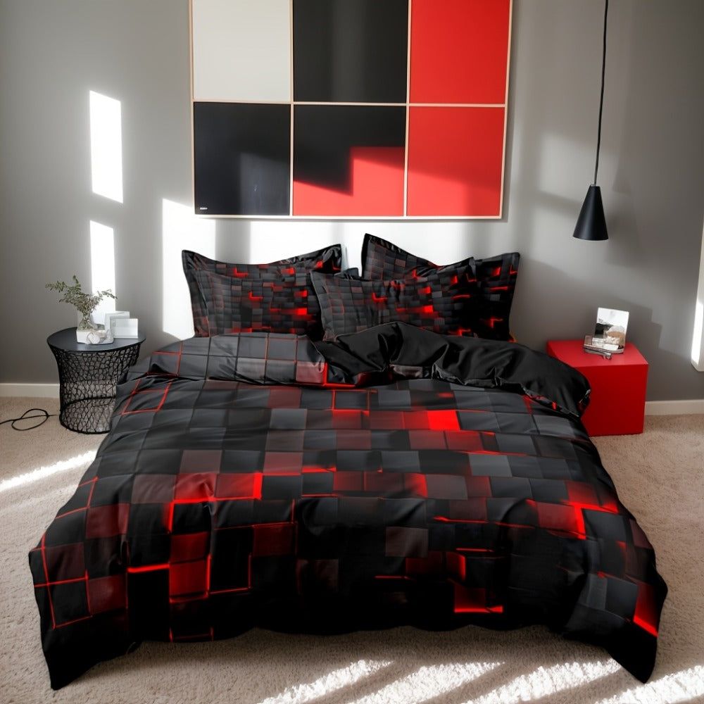 Duvet Cover Set Queen King Twin Full 3D Geometric Cube Print | 3-Piece Polyester Bedding Set | Black Blue Grid Pattern | All-Season Soft Quilt Cover + 2 Pillowcases | Machine Washable