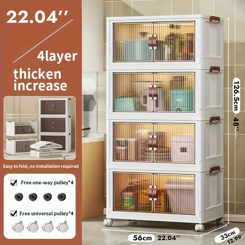 Plastic Storage Box with Wheels and Door Foldable - Large Capacity Rolling Storage Container with Layers for Bedroom, Kitchen, Living Room, Closet Organizer, 56CM Wide