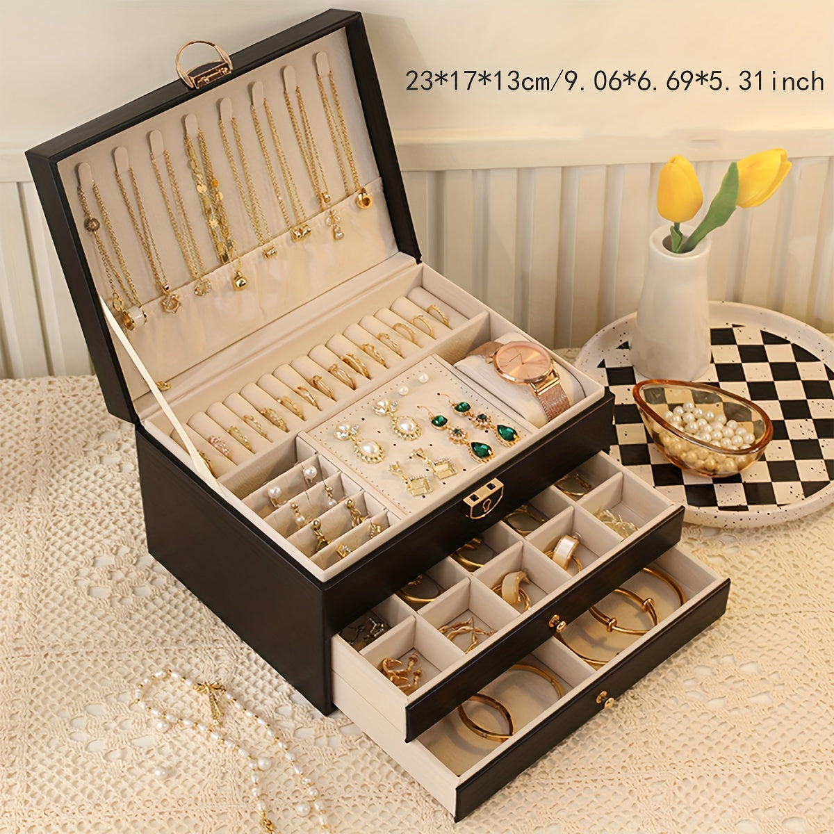 Jewelry Box Large Capacity Vintage Gold Organizer for Necklaces Earrings Bracelets Rings Studs Gift for Women Mom Christmas Holiday