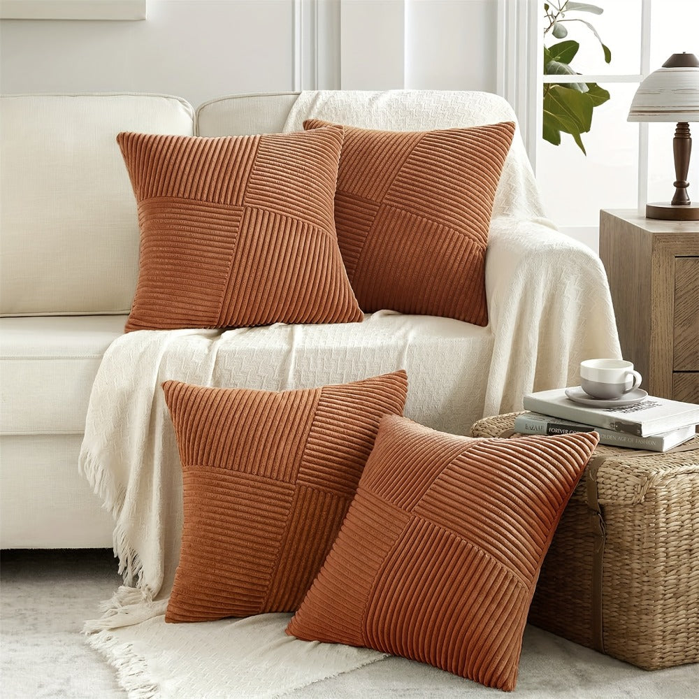 Throw Pillow Covers 18x18 Set of 4 - Boho Decorative Cushion Covers for Couch Sofa Bed, Soft Corduroy Textured Square Pillow Cases, Neutral Farmhouse Home Decor - Navy Blue Pink Mustard Sage Rust