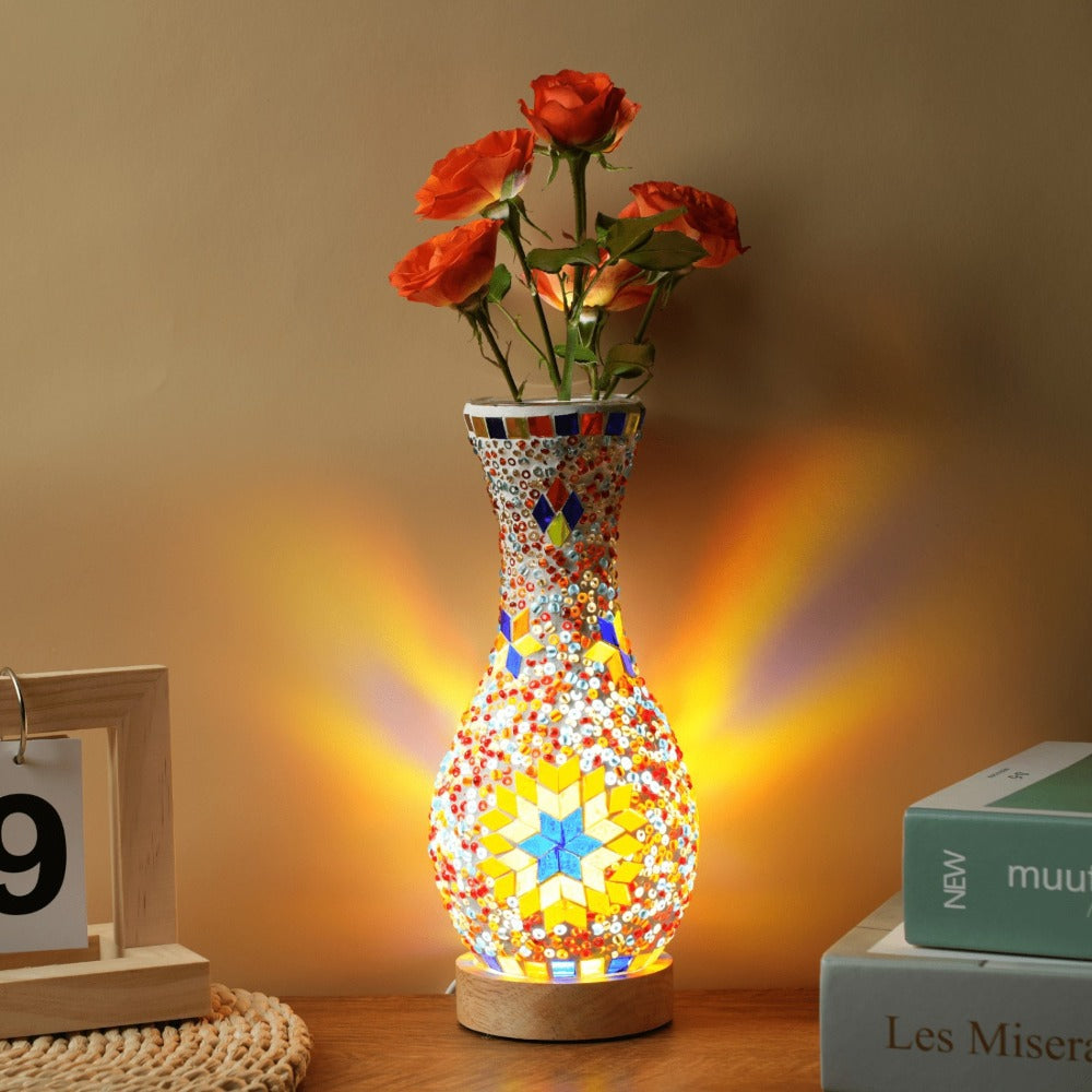 Mosaic Vase Lamp Turkish Moroccan Handmade Colorful Glass Table Lamp with Wooden Base ¨C USB Plug-In Boho Night Light, Flower Vase Lamp for Bedroom Living Room Decor, Bohemian Mosaic Desk Lamp Gift