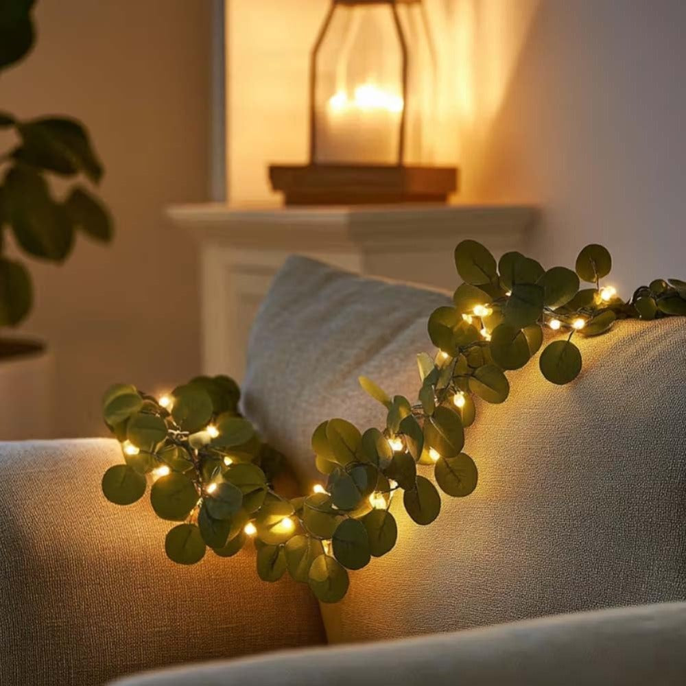 Eucalyptus Leaf Wreath String Lights 4pcs Battery Powered Warm LED Fairy Lights for Holiday Table Centerpiece Indoor Home Decoration
