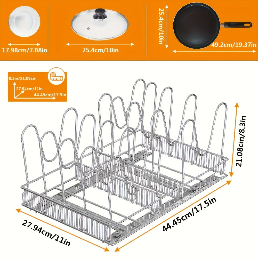 Cabinet Pot & Pan Organizer Rack with 10 Adjustable Dividers, 11¡±W x 17.5¡±D x 8.3¡±H, Chrome Steel Kitchen Storage