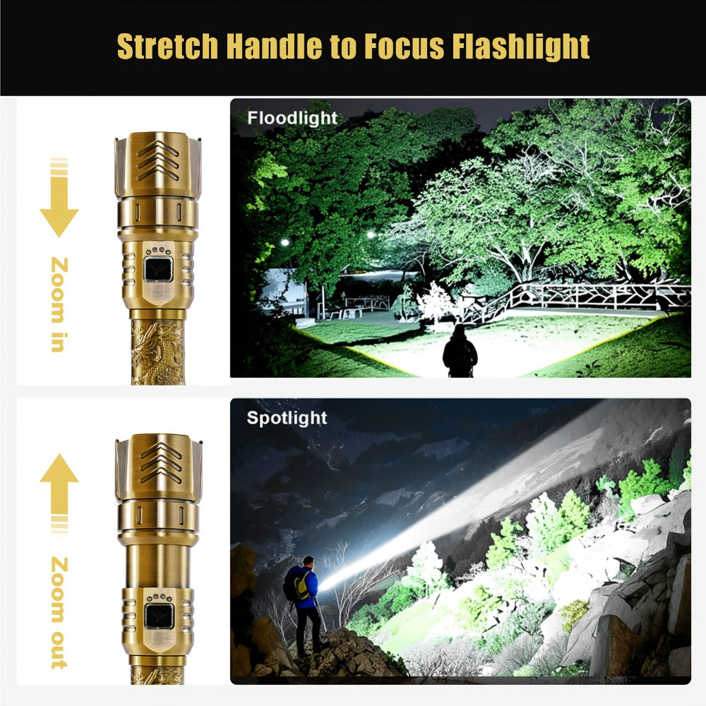 Tactical LED Flashlight 5000mAh Rechargeable Zoomable with Ignition Lens ¨C 4 Modes High Brightness Golden Dragon Pattern Spotlight for Camping Outdoor Hiking Emergency Household Use