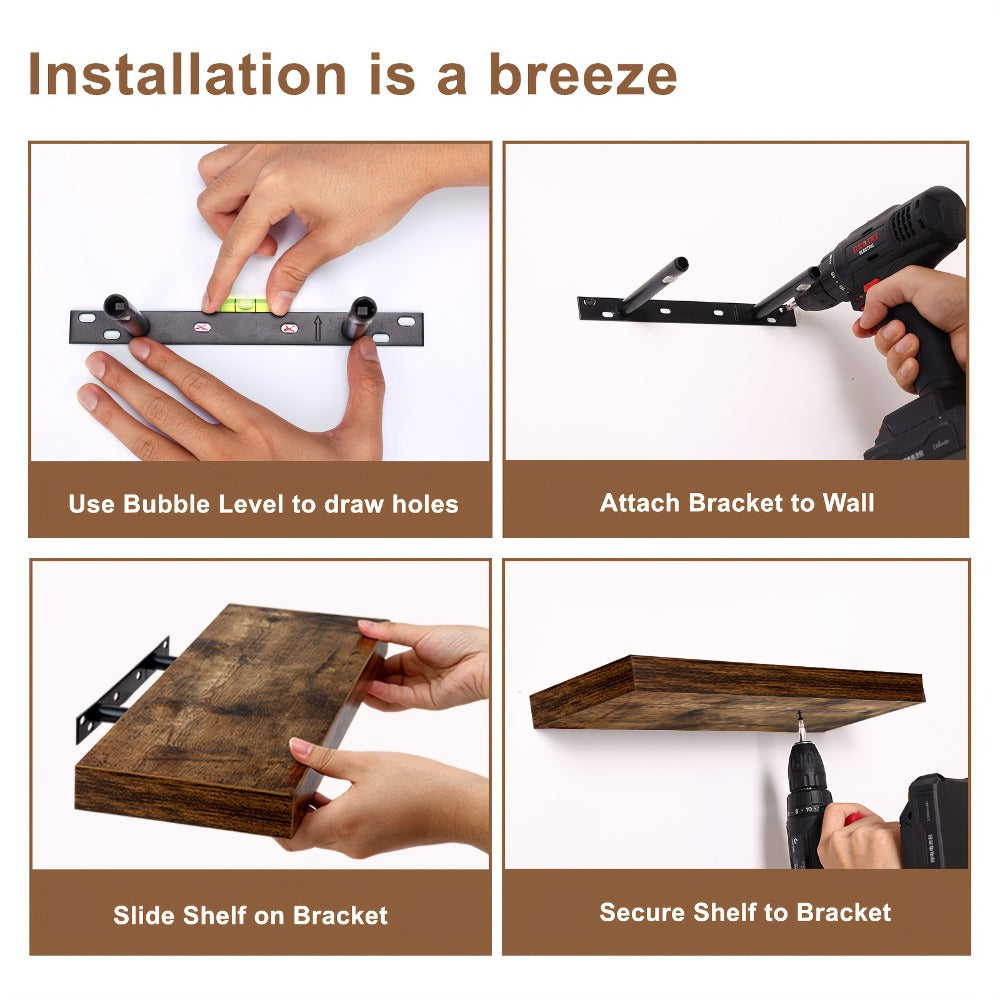 Floating Shelves for Wall 4/8pcs 15.8 Inch, Rustic Wood Wall Shelves with Invisible Brackets, Wall Mounted Display Shelf for Home Decor, Living Room, Bedroom, Bathroom ¨C Walnut, Brown, Black, White, Gray