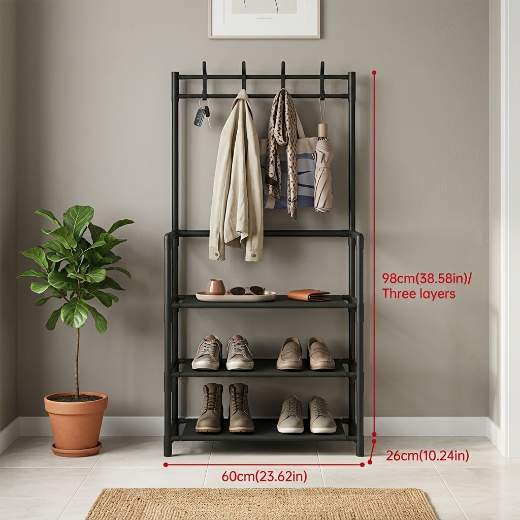 Shoe Rack Organizer with 8 Double Hooks & Multi-Layer Storage Shelves ¨C Floor Standing Coat Hat Holder for Entryway Bedroom Living Room