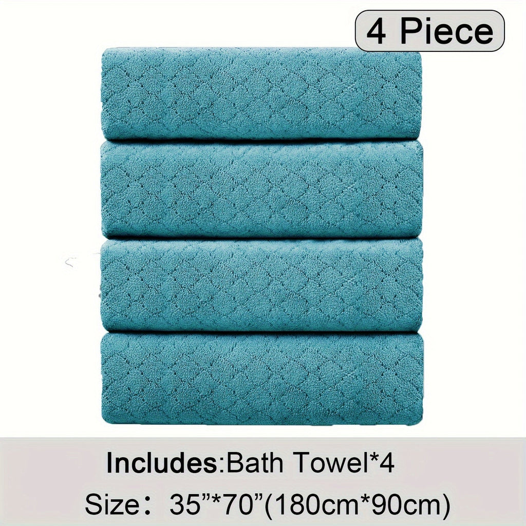 Oversized Bath Towel Set 4 Piece Diamond Pattern Microfiber - Ultra Soft Highly Absorbent Quick Dry | 10 Colors | Blue Green Black Gray Navy Orchid Brown Purple White Turquoise | Bathroom Hotel Gym Gift