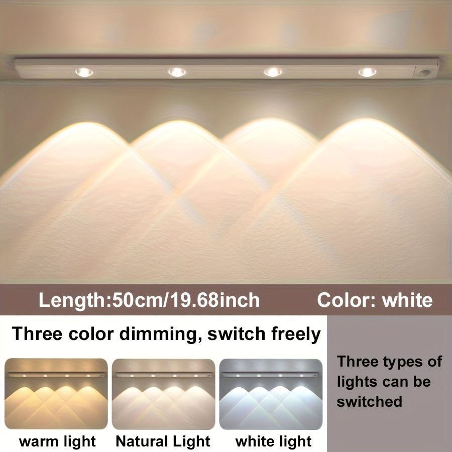 Motion Sensor LED Strip Light USB Rechargeable ¨C 3-Color Dimmable Wireless Night Light for Kitchen, Wardrobe, Cabinet, Shoe Cabinet & Bedroom (20cm / 30cm / 40cm / 50cm, 1 or 2 Pack)