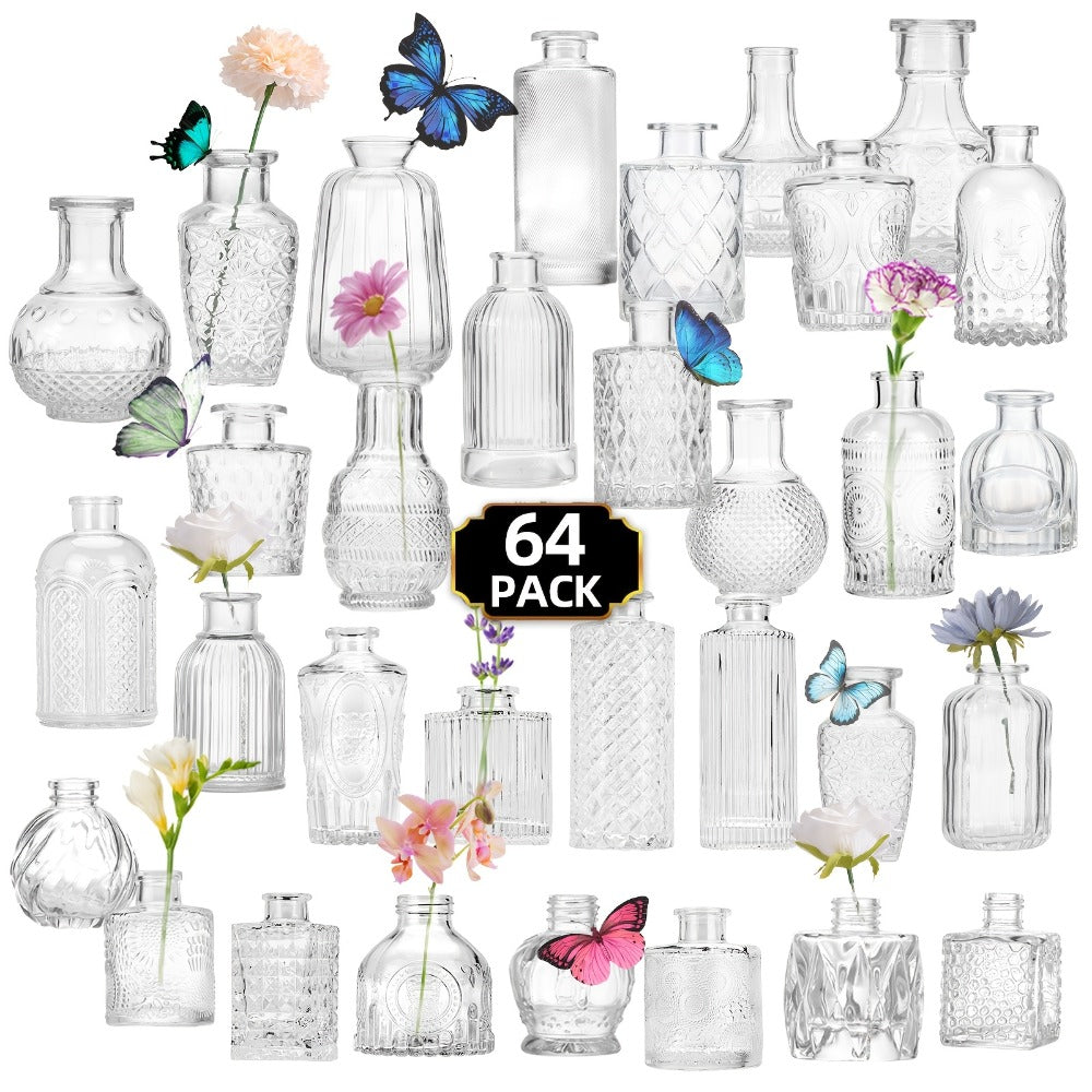 Glass Bud Vases Set of 64 Small Clear Flower Vases for Centerpieces Wedding Table Decor Rustic Vintage Home Decoration Multi-Size Mini Vase Bulk Set