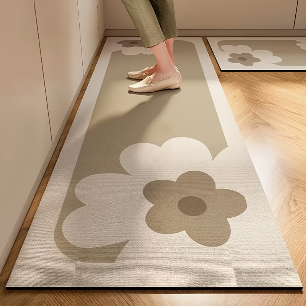 Kitchen Mat Non-Slip Absorbent Runner Rug Nordic Floral Pattern Anti-Fatigue Floor Mat with Rubber Backing for Kitchen Bathroom Hallway Laundry Room Beige Brown Washable