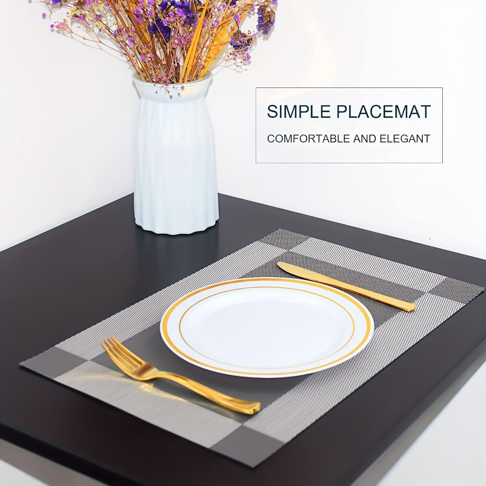 PVC Placemats Set of 6 Heat Resistant Non-Slip Washable Table Mats for Kitchen Dining Table, Easy Clean Vinyl Dinner Mats 11.8x17.7 Inch (Golden, Brown, Silver)