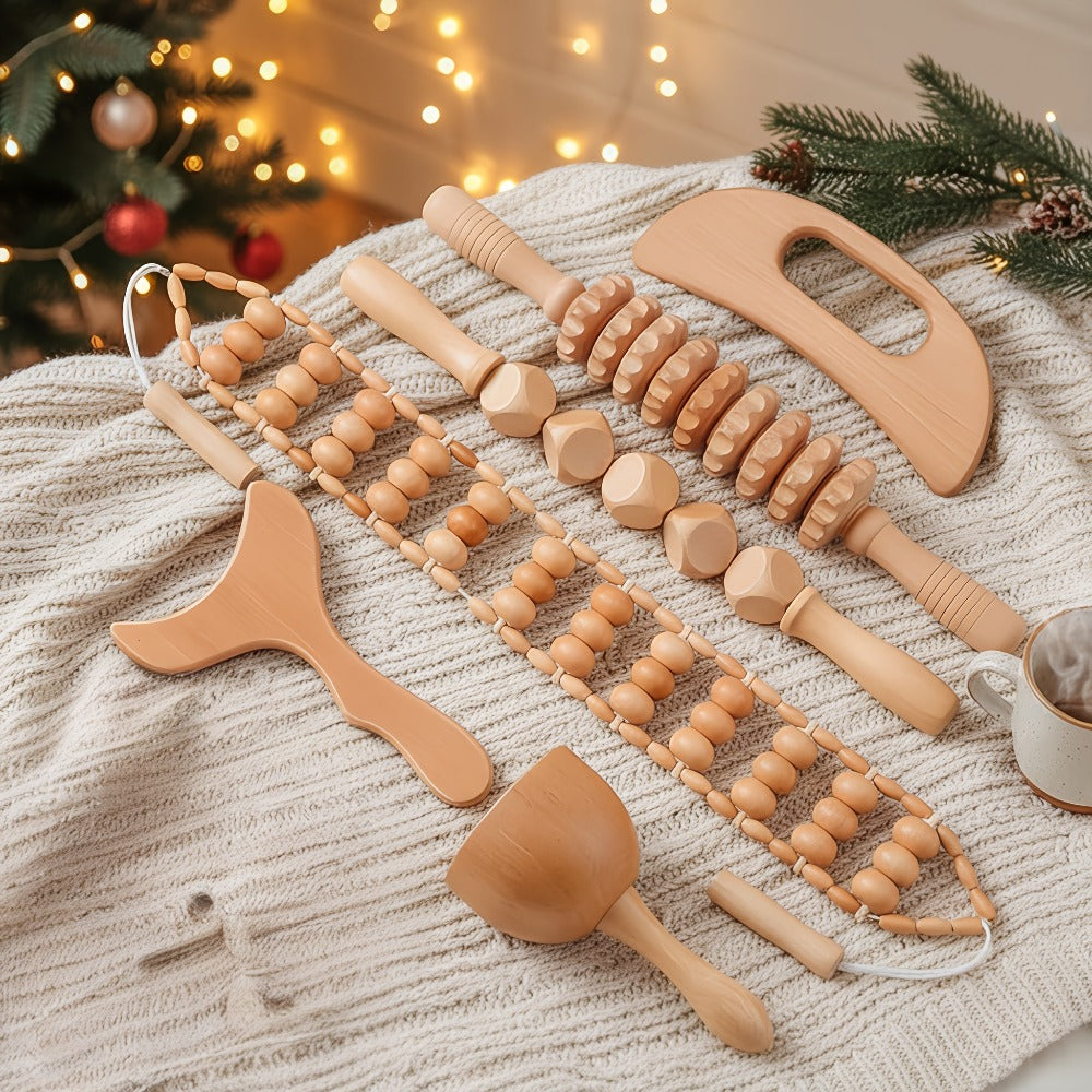 Wooden Massage Tool Set 6pcs Manual Facial Massager Kit with Wood Rollers Pointed Bead Textured Heads for Face Neck Full Body Relaxation Stress Relief Wellness Spa Gift for Women Men