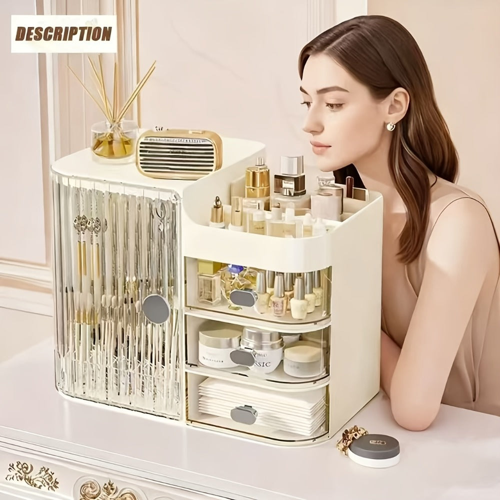 Makeup Organizer with 3 Drawers and Mirror - Large Capacity Cosmetic Storage Box Vanity Organizer for Skincare Contact Lens Display Case Bathroom Counter Organizer | Transparent Black Cream White