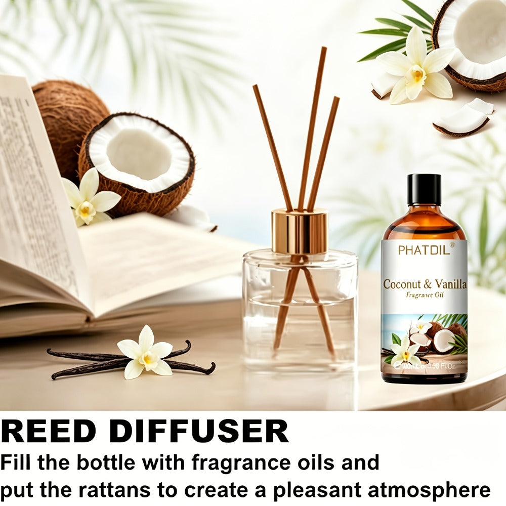 Fragrance Oil for Diffuser - PHATOIL 100ml Coconut & Vanilla Scented Oil for Humidifier, Candle Making, Soap, Aromatherapy, Reed Diffuser, Home & Office Air Freshener, Long Lasting Scent