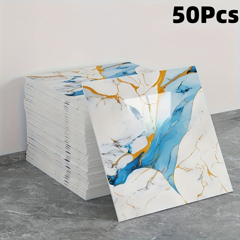 Peel and Stick Wall Tile Stickers Marble Pattern Self-Adhesive Waterproof Glossy Wallpaper 50/100Pcs for Kitchen Bathroom Living Room Home Decor
