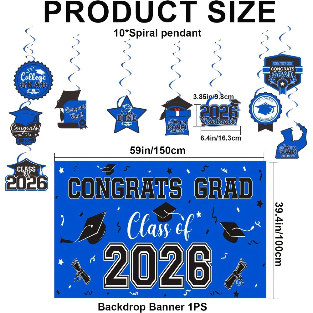 2026 Graduation Decorations Set ¨C Congrats Grad Banner, Backdrop, Hanging Swirls & Honeycomb Table Toppers, Class of 2026 Party Supplies Kit