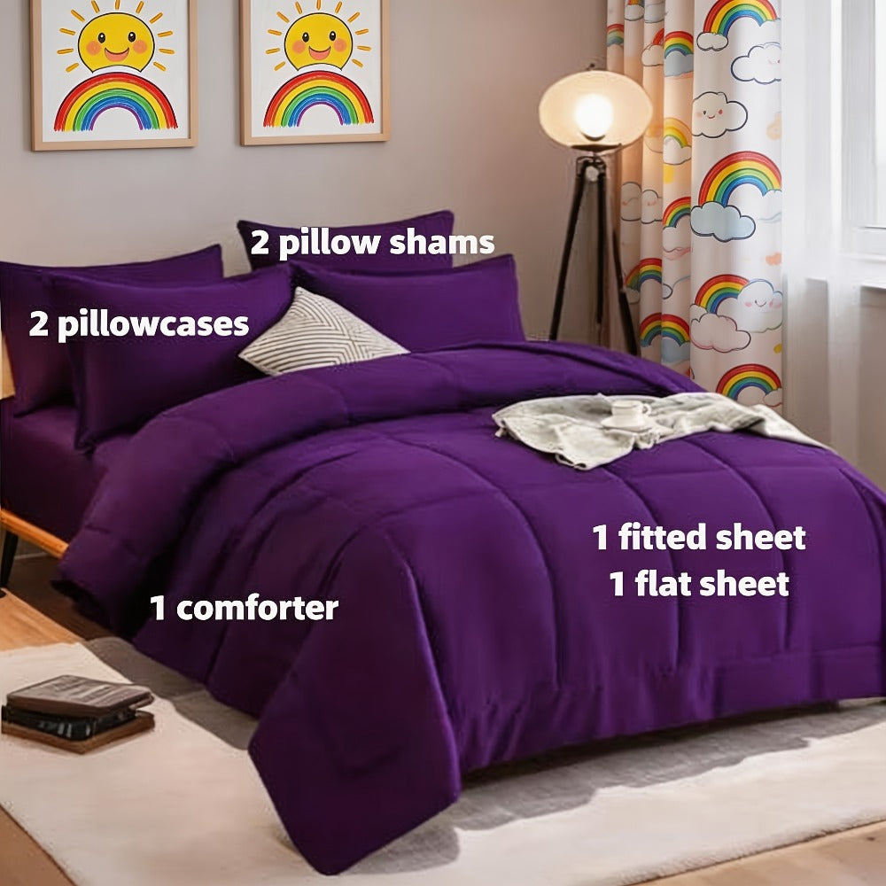 Comforter Set 7 Piece Bed in a Bag Full Queen King Soft Satin-Like Fabric with Fitted Sheet Flat Sheet Pillowcases Breathable Bedding Set for Bedroom Hotel