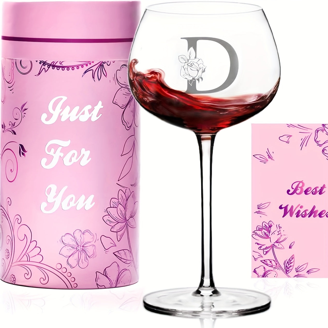 Personalized Wine Glass Gift for Women ¨C A-Z Initial Letter Monogrammed Wine Glass with Gift Box & Greeting Card ¨C Unique Birthday, Christmas & Mother's Day Gift for Mom, Best Friend & Sister