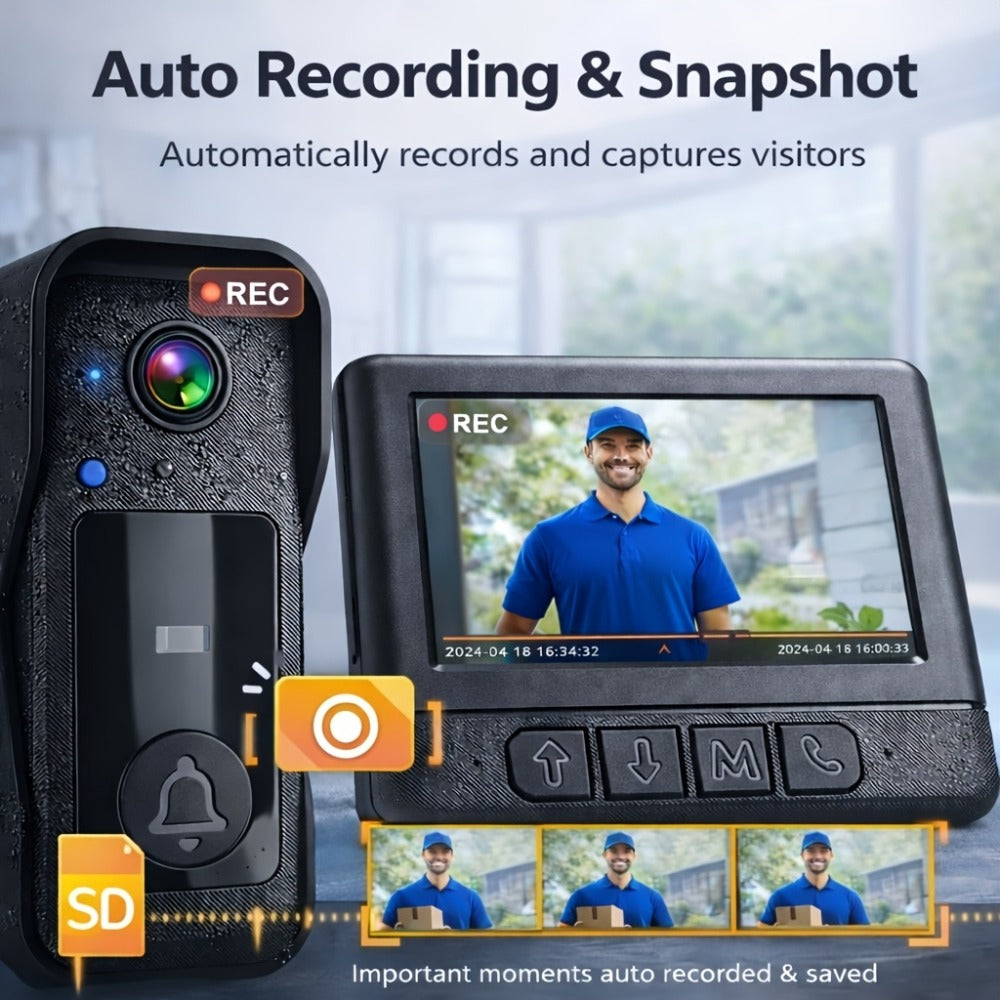 WiFi Video Doorbell with 4.3 Inch Indoor Monitor | Waterproof Night Vision Two-Way Audio Rechargeable Battery | Auto Photo Video Recording Senior Friendly Real-Time Monitoring