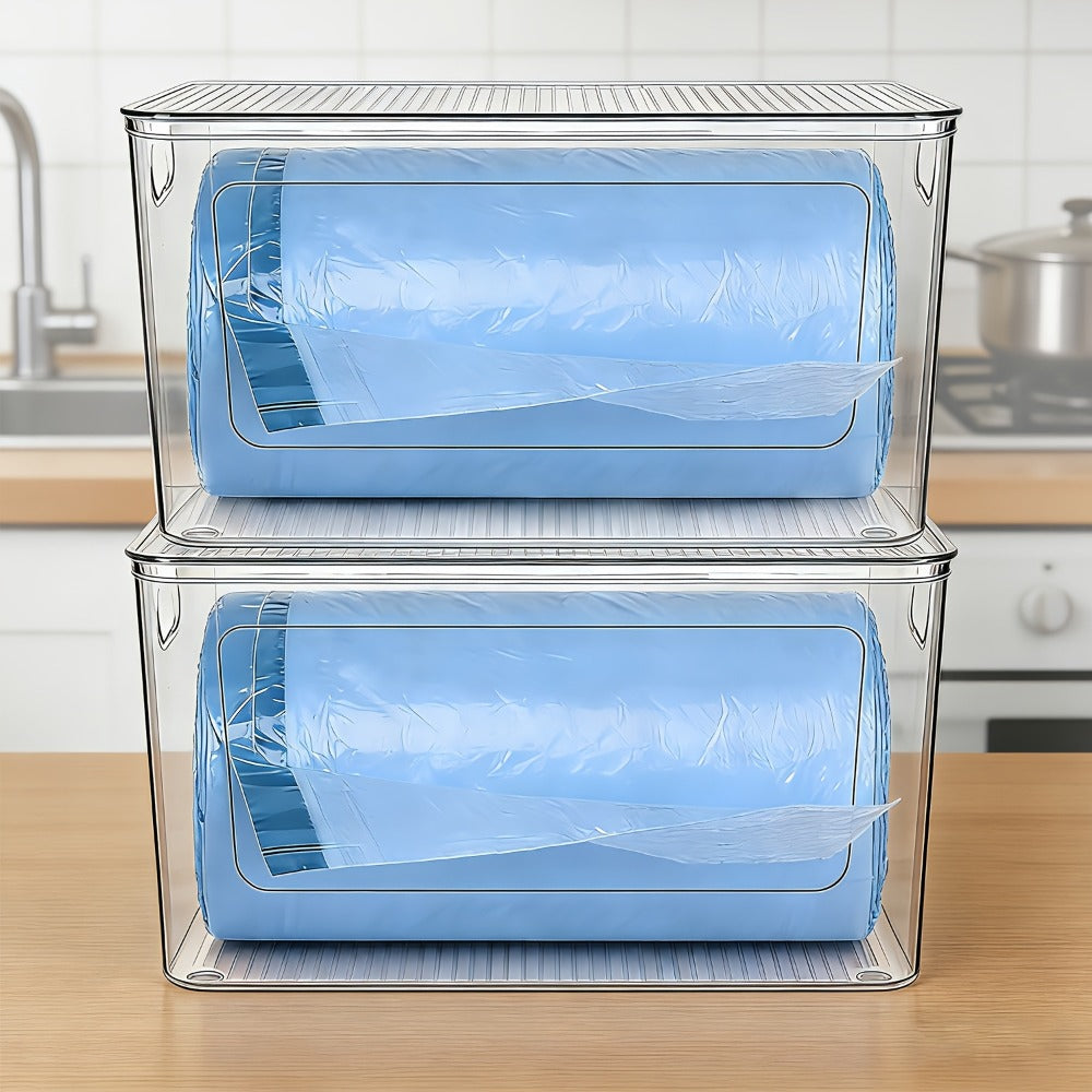 Trash Bag Dispenser 2 Pack ¨C Clear Stackable Garbage Bag Holder for 13/30/33 Gallon Bags, Under Sink Organizer, Locking Lid, Anti-Slip, Kitchen Pantry Laundry Room Cabinet Storage
