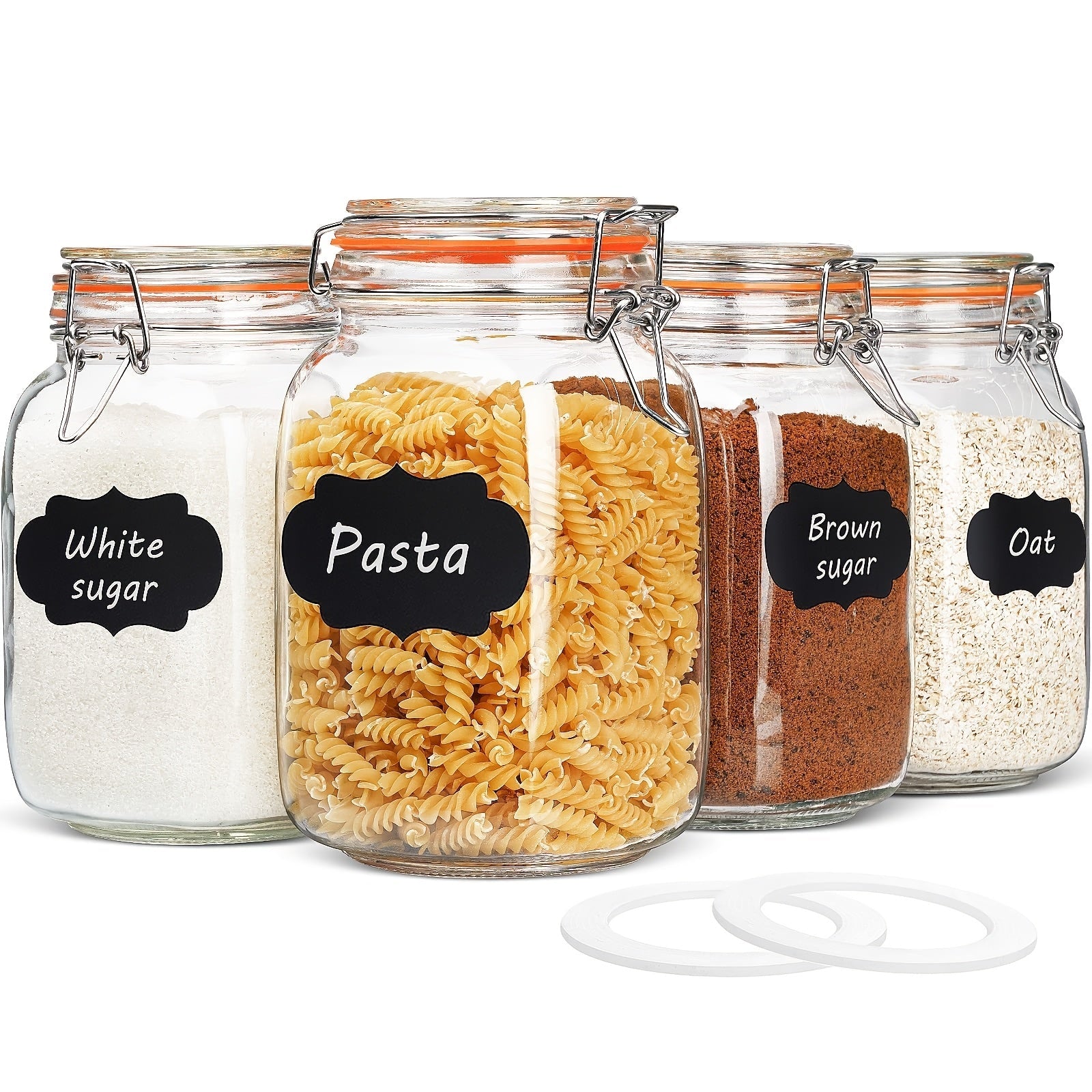 Mason Jars with Airtight Lids 50oz Wide Mouth Glass Storage Jars Square Clip Top Lid with Chalkboard Labels Silicone Gaskets for Kitchen Pantry 4 Pack