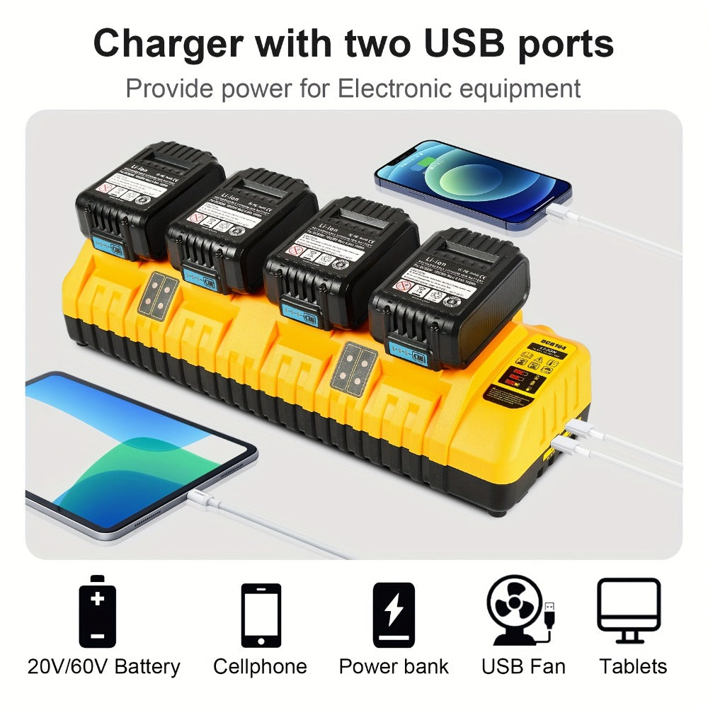4-Port Battery Charger for DeWalt DCB104 Replacement 20V Max Rapid Charging Station with 2 USB Ports Compatible with 12V 20V DCB127 DCB200 DCB201 DCB204 DCB205 DCB206