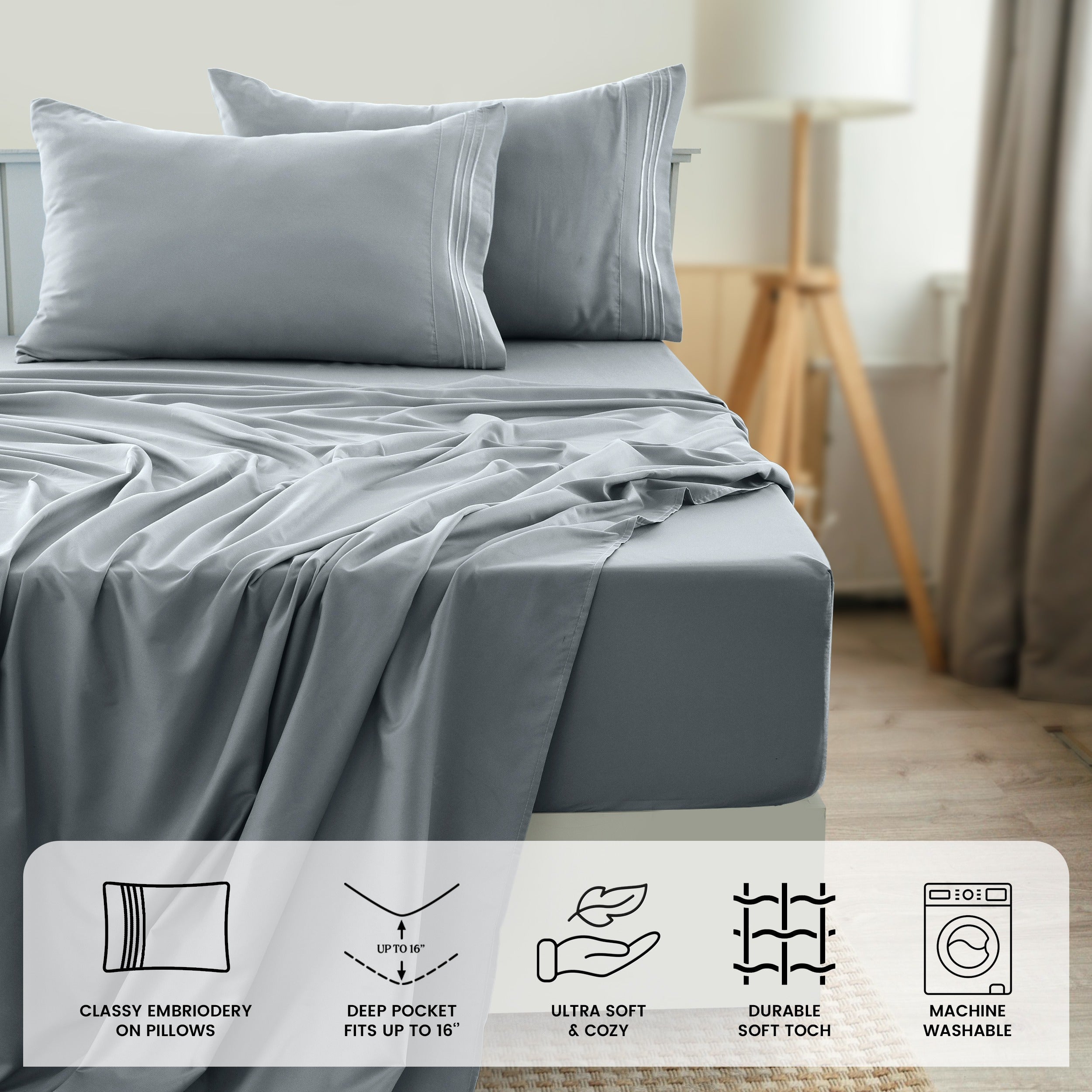 Fitted Sheet Set 6-Piece Brushed Polyester Deep Pocket Bed Sheets 20 Colors Hotel Luxury Soft Bedding with Embroidered Pillowcases