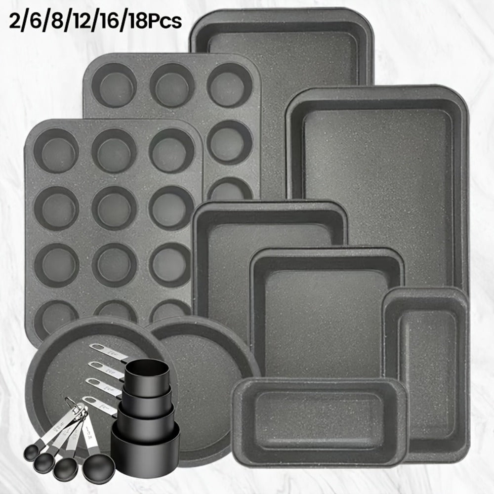 Nonstick Baking Pan Set 2 to 18pcs Carbon Steel Round Square Cake Pan Muffin Pan Bread Pan Cookie Sheet Pizza Pan Wire Rack Whisk Spatula Measuring Spoon Complete Bakeware Set