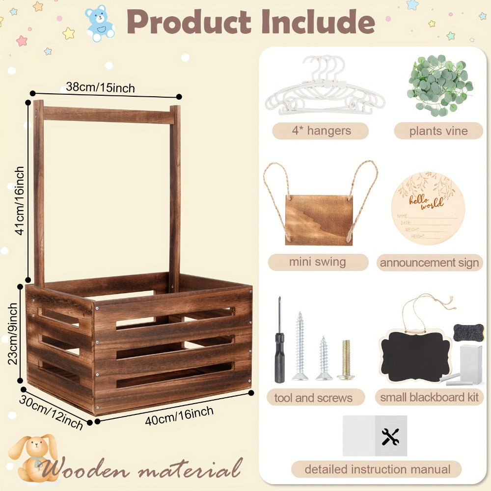 Wooden Gift Box Crate with Handle - Large Wood Keepsake Basket for Baby Shower Gifts Hamper Mom Dad Christmas Party Decor Storage Organizer