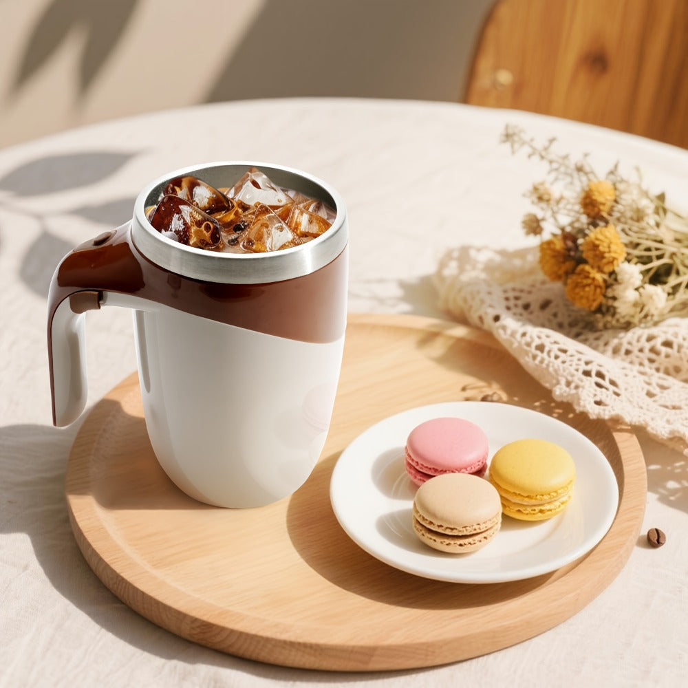 Self Stirring Coffee Mug 8.45oz - Auto Mixing Cup One-Button Start for Coffee Milk Protein Powder, Reusable Travel Mug Brown Cream
