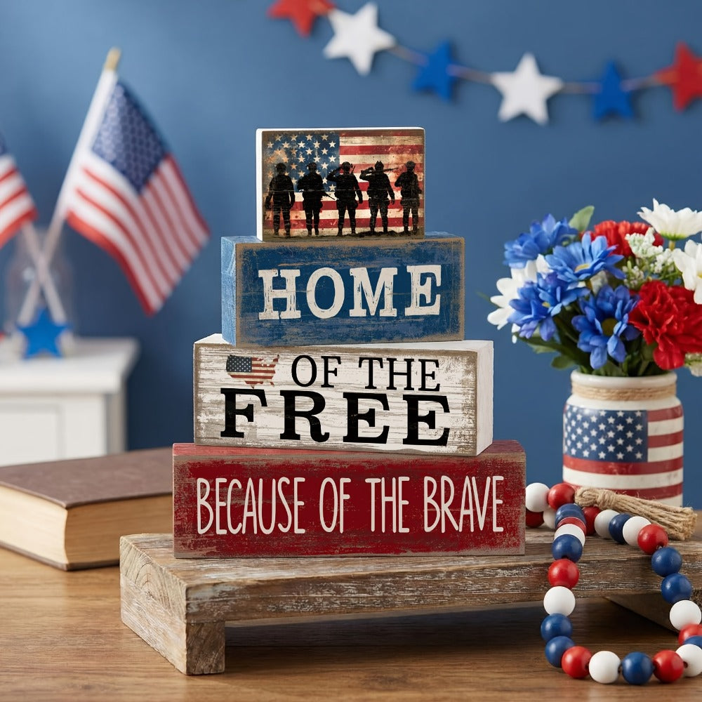 4th of July Tiered Tray Decor ¨C Patriotic Wooden Table Centerpiece with American Flag Signs for Independence Day, Memorial Day & Rustic Farmhouse Home Decor