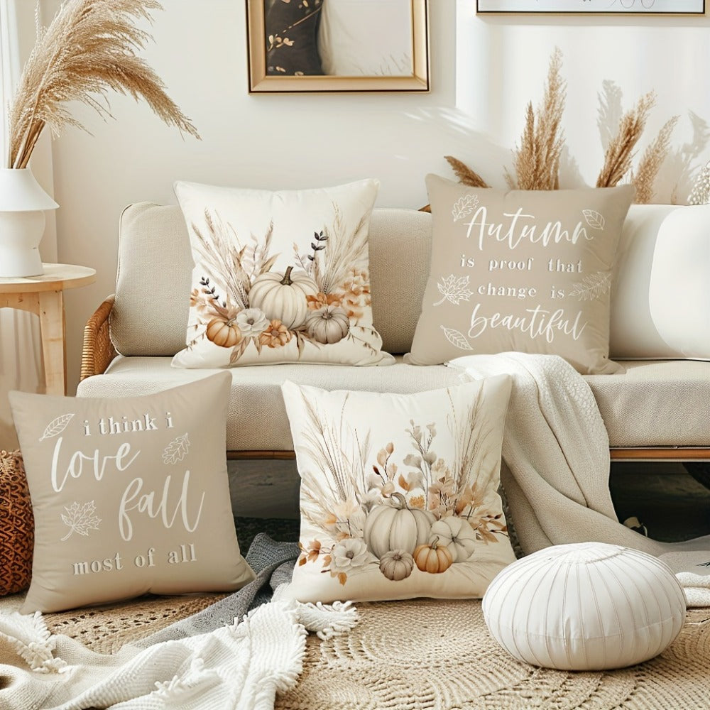 Throw Pillow Covers 18x18 Set of 4 Boho Wildflowers Fall Autumn Pumpkin Harvest Farmhouse Rustic Cushion Cases for Couch Sofa Living Room Porch Patio Outdoor Decor