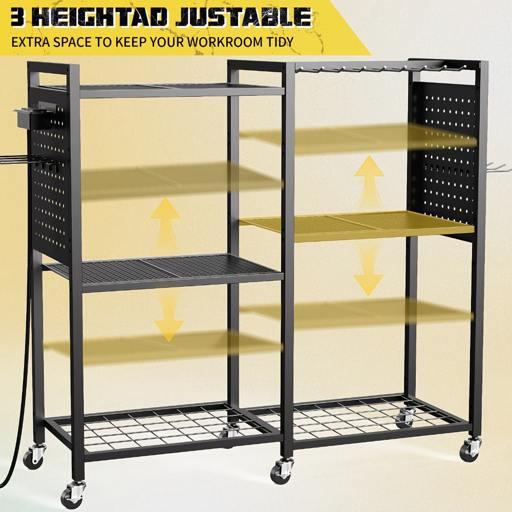 Mobile Tool Cart with Charging Station ¨C 12 Drill Holders & 5 Storage Shelves Power Tool Organizer | Rolling Utility Rack Toolbox with Battery Charging Power Strip for Garage & Workshop | 4 Colors