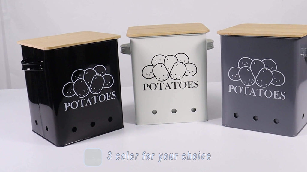 Kitchen Storage Canister Potato Onion Storage Bin Aerating Ventilation Holes Wooden Lid Multipurpose Kitchen Organizer for Onion Potato Fruit Vegetable Black White Grey Green
