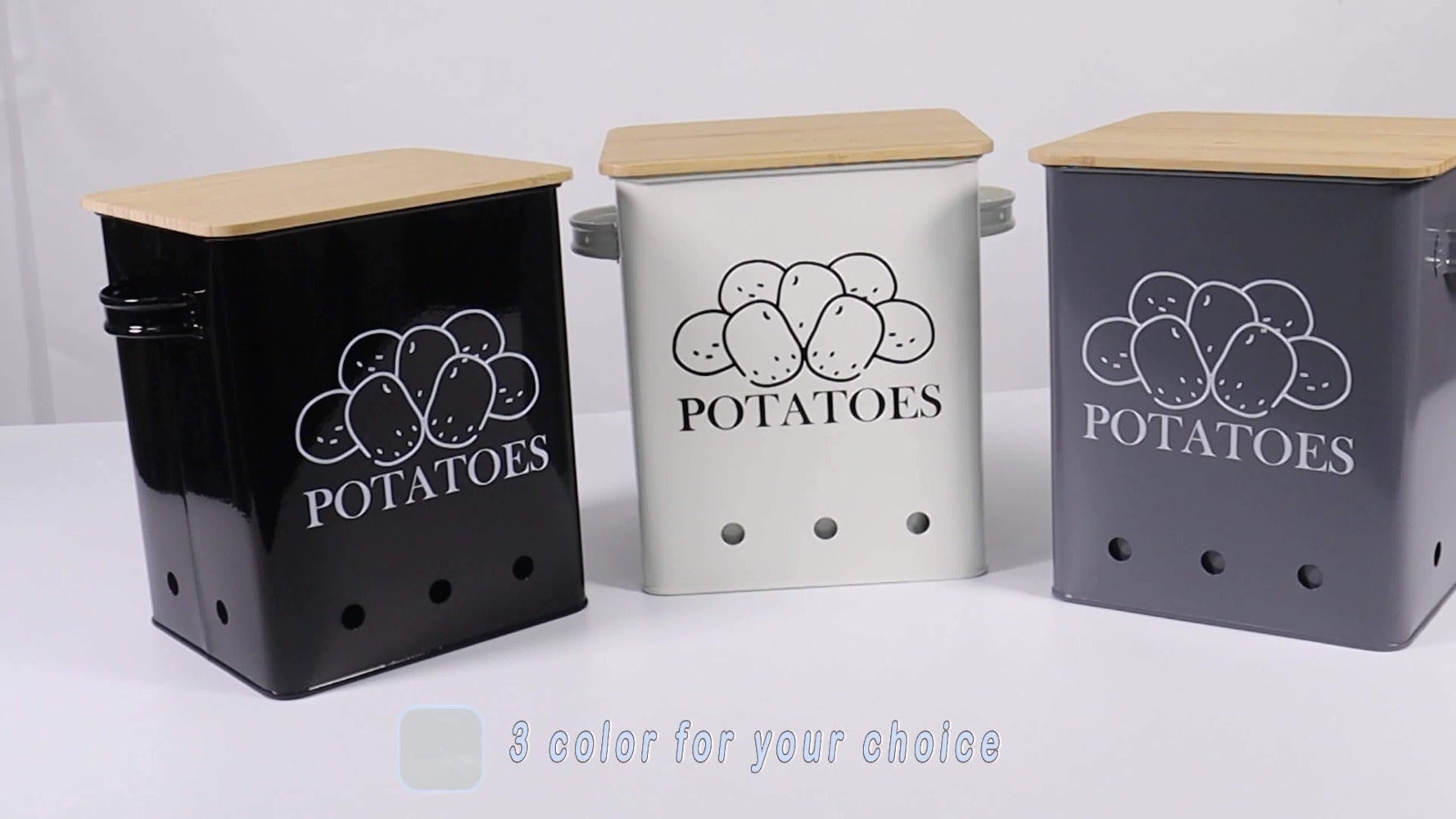 Kitchen Storage Canister Potato Onion Storage Bin Aerating Ventilation Holes Wooden Lid Multipurpose Kitchen Organizer for Onion Potato Fruit Vegetable Black White Grey Green