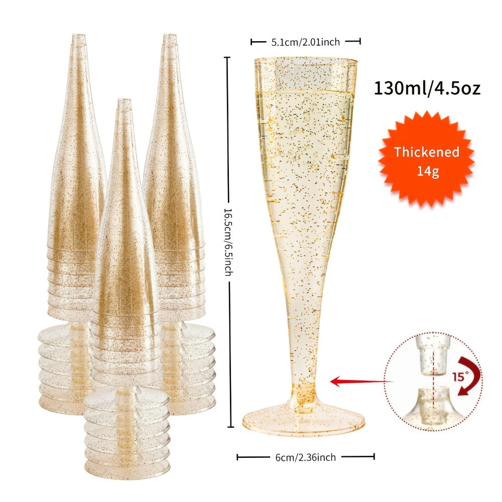 Plastic Champagne Flutes Bulk 25 50 Pack Disposable Reusable Golden Glitter Champagne Glasses Stackable Food-Grade PS Party Cups for Wedding Birthday New Year Picnic Brunch Events