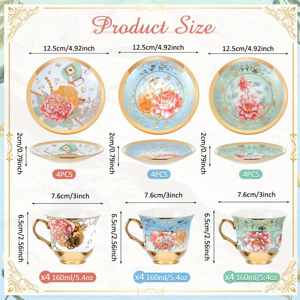 Floral Porcelain Tea Cups and Saucers Set of 12 ¨C 5.4 Oz British Style Tea Party Cups ¨C Classic Elegant Gift for Women ¨C Perfect for Birthday, Mother's Day, Church & Tea Parties