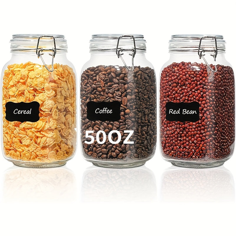 Airtight Glass Storage Jars with Lids 3-Pack 50 OZ, Square Food Canisters for Kitchen Pantry Organization, Mason Jar Containers for Sugar Flour Cereal Coffee