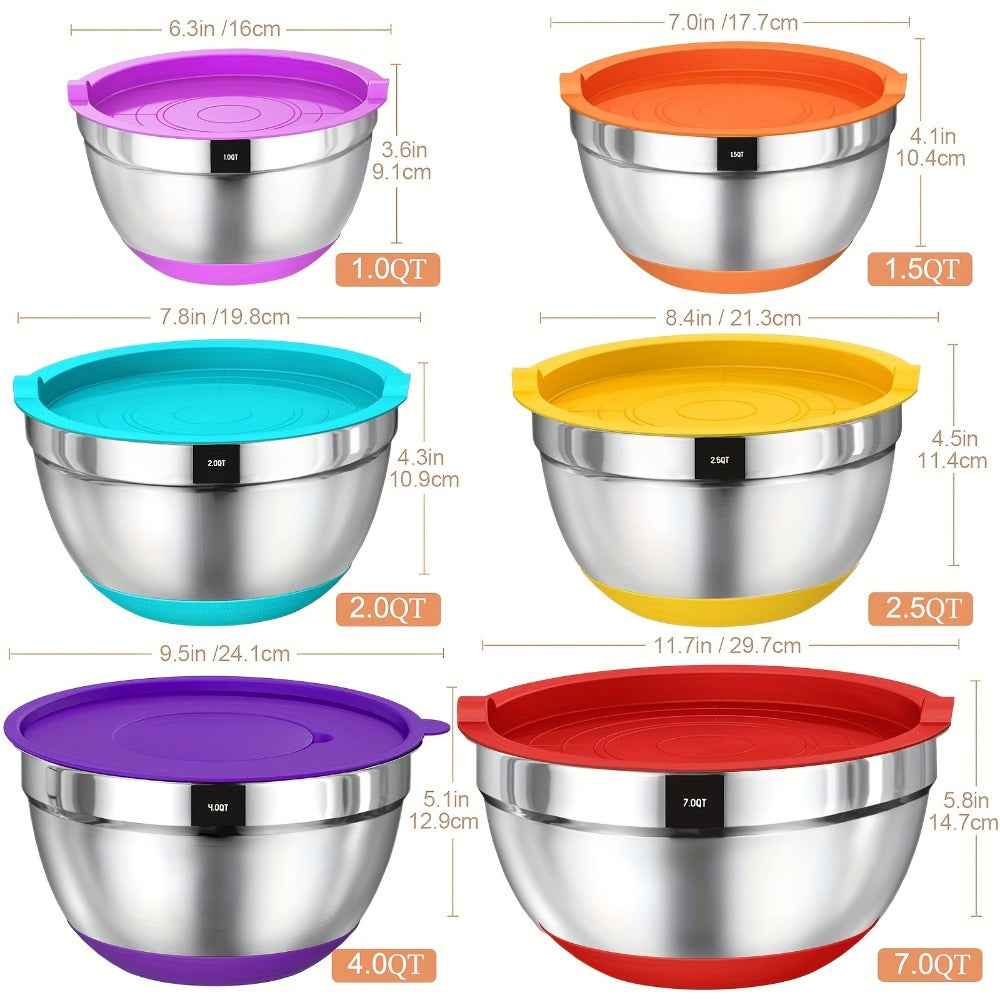 Mixing Bowls Set with Airtight Lids ¨C 26pcs Stainless Steel Bowl Set with 3 Grater Attachments, Non-Slip Bottoms, Sizes 1¨C7QT ¨C Kitchen Bowls for Mixing, Serving, Baking & Meal Prep