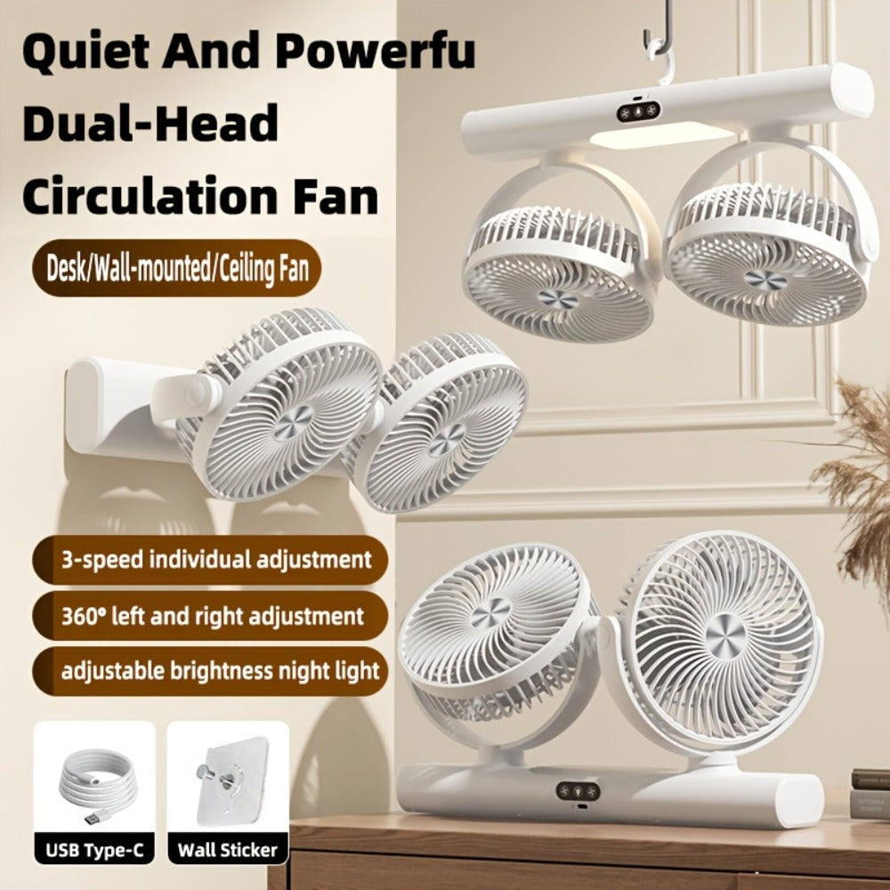 Double Head Air Circulation Fan USB Rechargeable | Desktop & Wall-Mounted 3-Speed Dual-Head Fan with Atmosphere Night Light, Multi-Angle Airflow for Camping, Home & Office ¨C Grey & White