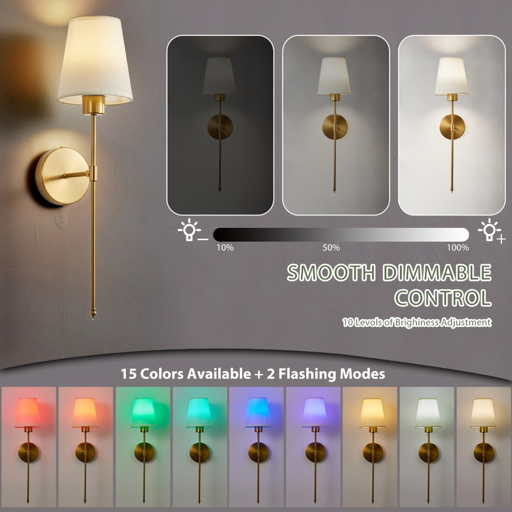 Rechargeable Wall Sconce 2-Pack RGB ¨C 15-Color Dimmable LED Wall Light with Remote Control, 5200mAh Battery, No Wiring for Bedroom, Living Room, Kitchen & Corridor (Gold / Black)