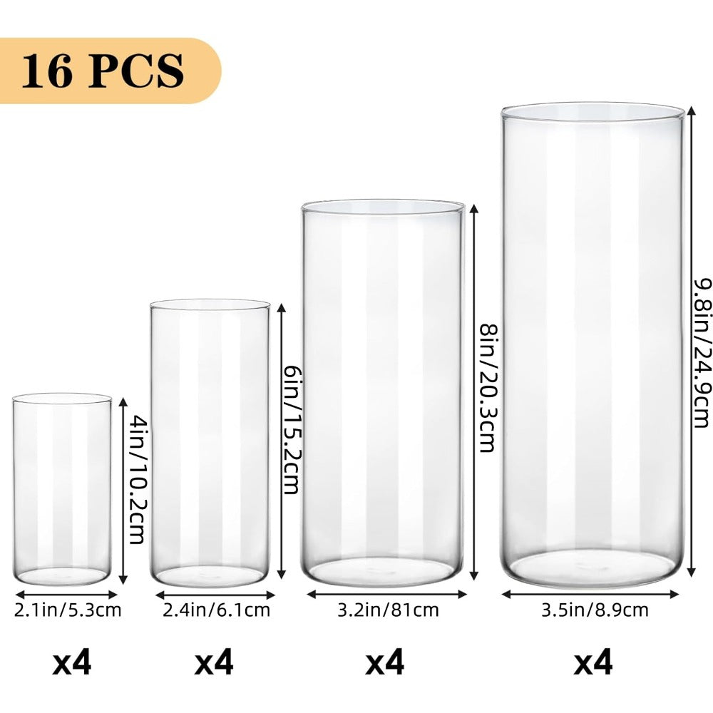Clear Glass Cylinder Vases Set of 16 ¨C 4 6 8 10 Inch Tall Glass Vases for Centerpieces, Floating Candle Holders, Wedding Table Decor, Party & Home Decoration