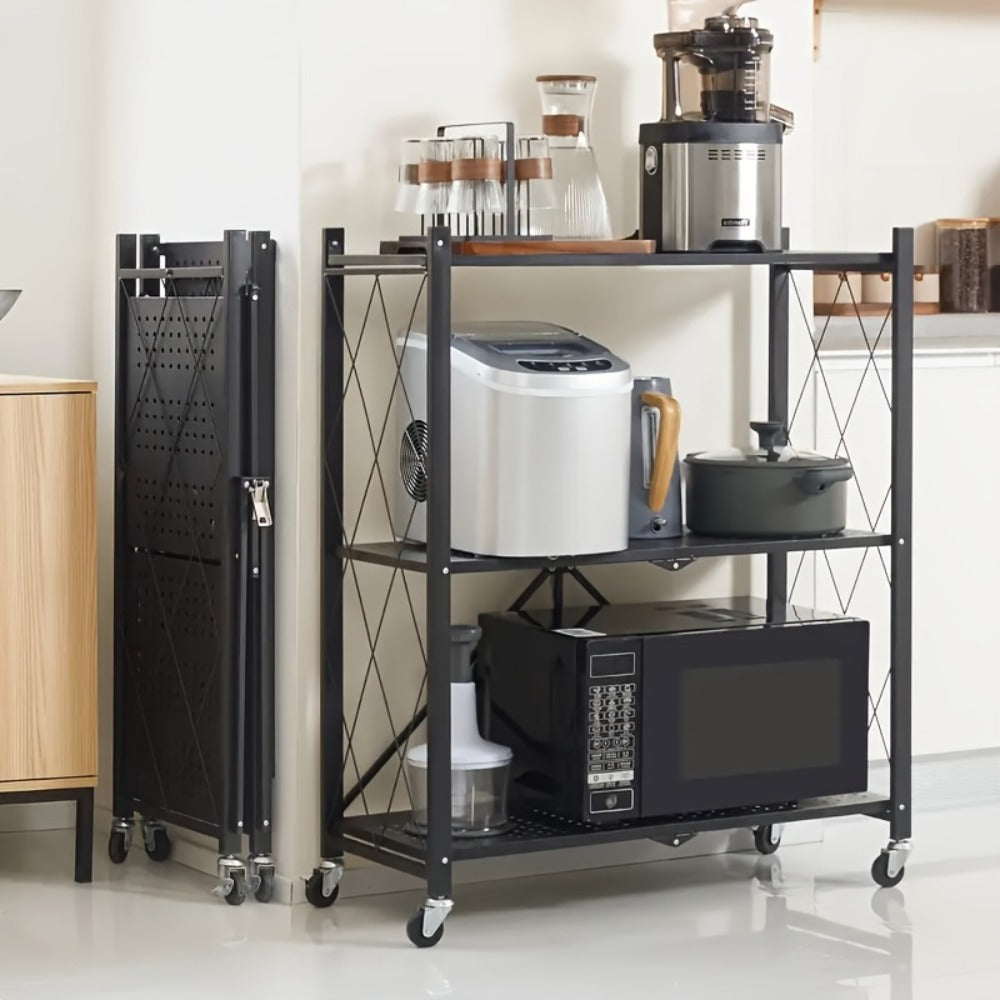 Heavy Duty Storage Rack with Wheels 3-Layer Foldable Metal Shelving Unit 750 LBS Capacity, Rolling Utility Cart for Garage Kitchen Pantry Closet, Movable Black Metal Storage Shelf